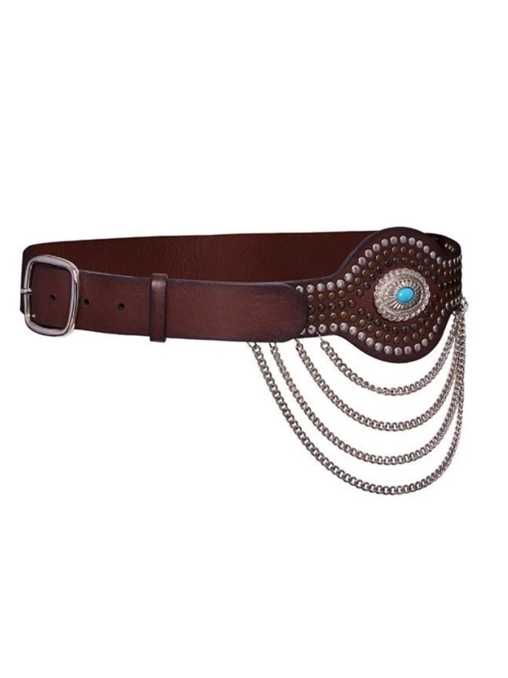 NWT Redemption Brown Leather belt Chain-Accent & studs Waist Turquoise Italy S